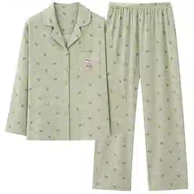 夏芬妍 休闲舒适简约高级感花朵满印经典翻领开衫家居服宽松柔软亲肤长袖长裤可外穿睡衣套装 女款 绿色