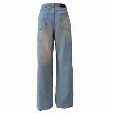 复古简约基础款做旧水洗宽松垂感直筒显瘦百搭牛仔裤 男女同款 中蓝色