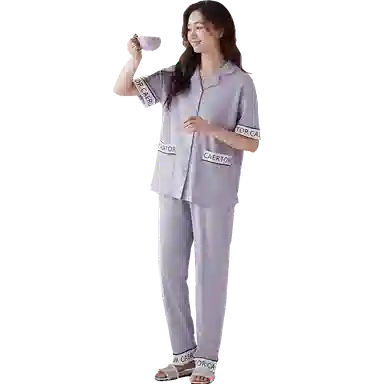 欧迪芬 轻弹亲肤透气薄款短袖长裤家居服可外穿睡衣套装 女款 紫色