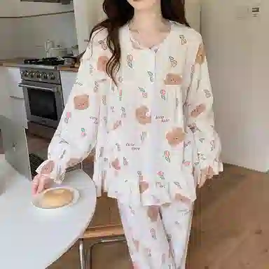 欧迪芬 亲肤柔软舒适透气绉布长袖开衫翻领可爱印花甜美长裤睡衣套装 女款 白色