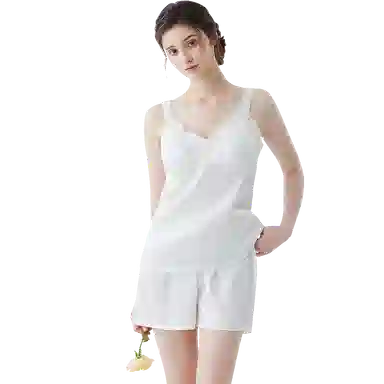 欧迪芬 自带胸垫凉感透气舒适轻薄可外穿无袖长裤家居服睡衣套装 女款 白色