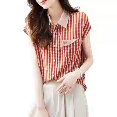 【dme】 休闲宽松格子印花短袖衬衫 女款 橙红