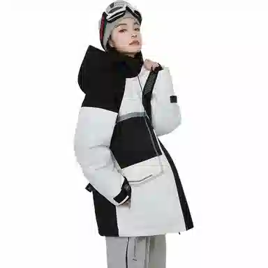 鸭鸭 中长款撞色拼接连帽羽绒服 男女同款