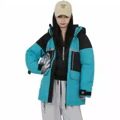 鸭鸭 中长款撞色拼接连帽羽绒服 男女同款