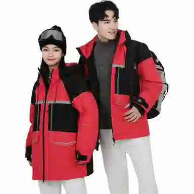 鸭鸭 中长款撞色拼接连帽羽绒服 男女同款