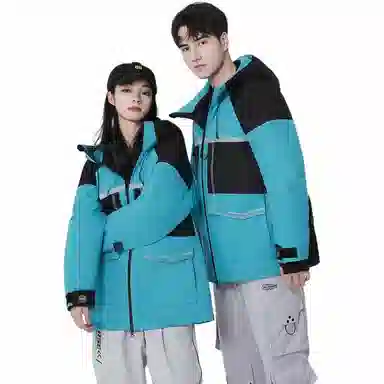 鸭鸭 中长款撞色拼接连帽羽绒服 男女同款