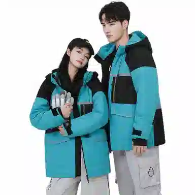 鸭鸭 中长款撞色拼接连帽羽绒服 男女同款