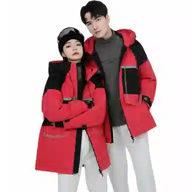 鸭鸭 中长款撞色拼接连帽羽绒服 男女同款