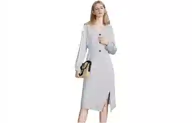 【dme】 休闲纯色开叉长袖连衣裙 麻灰