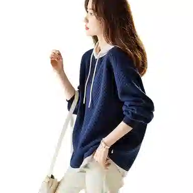 【dme】 拼接撞色宽松连帽套头加绒加厚长袖卫衣 女款