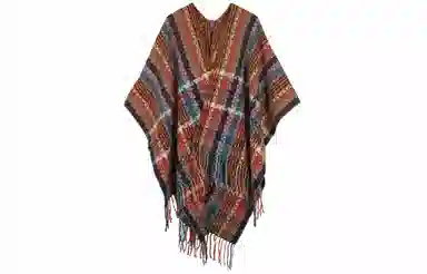 优幽兰 小众设计感民族风彩格流苏披风草原川西内蒙旅游拍照斗篷办公室空调房多功能保暖外搭 聚酯纤维 披肩 女款