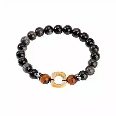 琅风 龙纹平安扣黑曜石国风有质感低调 虎眼石 手串 男款