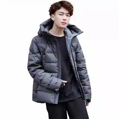 鸭鸭 纯色连帽拉链中长款长袖羽绒服 男款