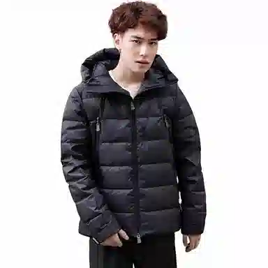 鸭鸭 纯色连帽拉链中长款长袖羽绒服 男款