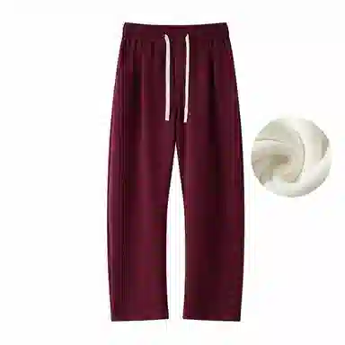 美式复古纯色基础款中腰拼接明线褶皱弯刀裤加绒加厚裤子宽松大码卫裤直筒阔腿休闲长裤简约百搭重磅垂感针织运动裤 男女同款