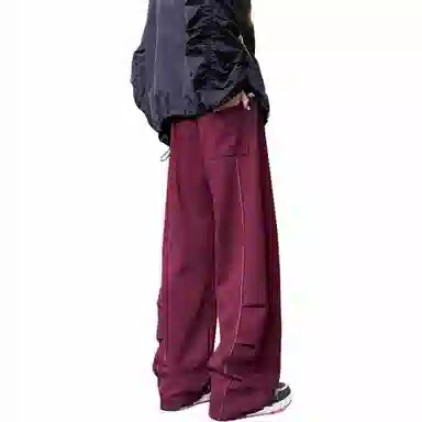 美式复古纯色基础款中腰拼接明线褶皱弯刀裤加绒加厚裤子宽松大码卫裤直筒阔腿休闲长裤简约百搭重磅垂感针织运动裤 男女同款