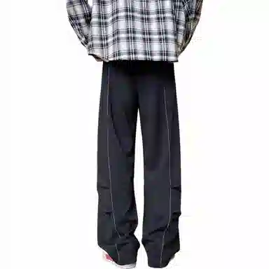 美式复古纯色基础款中腰拼接明线褶皱弯刀裤加绒加厚裤子宽松大码卫裤直筒阔腿休闲长裤简约百搭重磅垂感针织运动裤 男女同款