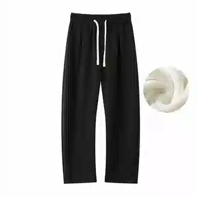 美式复古纯色基础款中腰拼接明线褶皱弯刀裤加绒加厚裤子宽松大码卫裤直筒阔腿休闲长裤简约百搭重磅垂感针织运动裤 男女同款