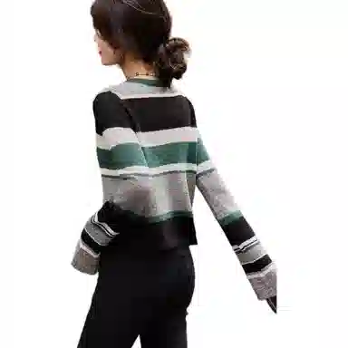 【dme】 条纹低圆领薄款宽松休闲长袖毛衣 女款 祖母绿