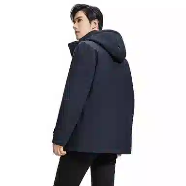 鸭鸭 纯色商务休闲连帽中长款羽绒服 男款 虾青色