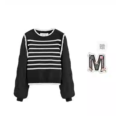 棉购 假两件圆领条纹拼接雪纺泡泡袖女新款显瘦减龄长袖针织衫 女款