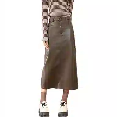 法文箱子 纯色高腰开叉包臀皮长裙 女款