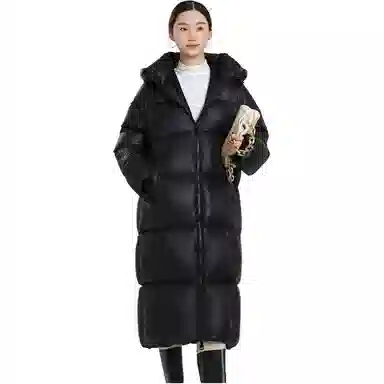 羽物 纯色连帽保暖拉链中长款羽绒服 女款