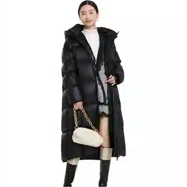 羽物 纯色连帽保暖拉链中长款羽绒服 女款