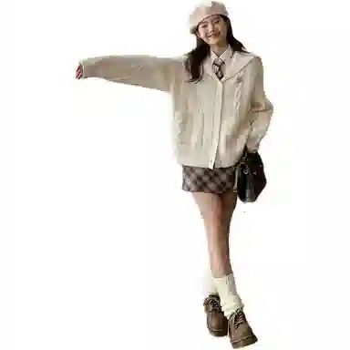 东鲸岁时记 学院风海军领复古绞花上衣毛衣外套学姐感松弛感宽松文艺风经典格纹半裙穿搭一整套裙装套装 秋冬季 女款 礼盒装 米白色