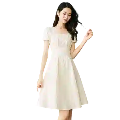 晚白 纯色方领中长款简约短袖连衣裙 女款 杏色