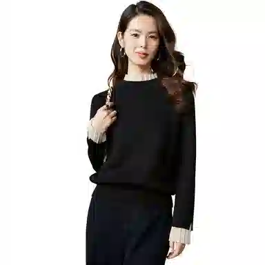 晚白 花边立领高弹力含羊毛针织衫 女款 黑色