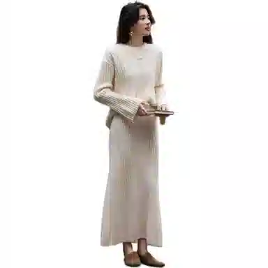 【dme】 纯色时尚简约舒适圆领长袖针织衫半身裙两件套裙装套装 女款