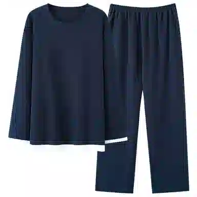 夏芬妍 时尚简约亲肤拼接色纯棉华夫格圆领套头家居服舒适休闲长袖长裤可外穿春秋款睡衣套装 男款 蓝色