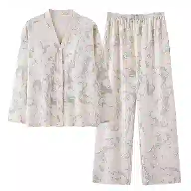 夏芬妍 时尚简约亲肤字母满印纯棉带胸垫开衫家居服舒适休闲长袖长裤可外穿春秋款睡衣套装 女款 浅灰色