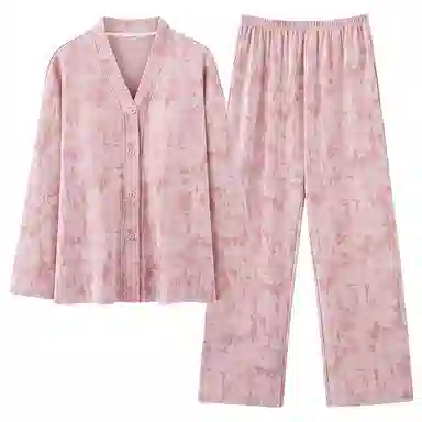 夏芬妍 时尚简约亲肤扎染风纯棉带胸垫开衫家居服舒适休闲长袖长裤可外穿春秋款睡衣套装 女款 粉色