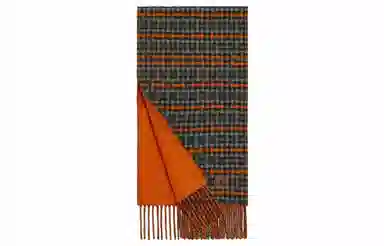 HERMES Plaid Cashmere Scarf Orange