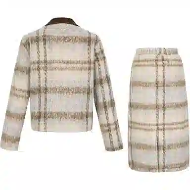 九条喵 毛呢学院长袖格纹外套中长裙裙装套装 女款 卡其色