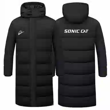 音速猫 字母印花长款连帽加厚宽松拉链棉服 男女同款 黑色