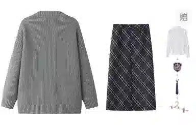 东鲸岁时记 纯色慵懒风宽松开衫长袖上衣格子长裙裙装套装 女款