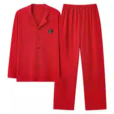夏芬妍 亲肤舒适纯色翻领纯棉家居服简约休闲长袖长裤可外穿喜庆本命年睡衣套装 男款 红色