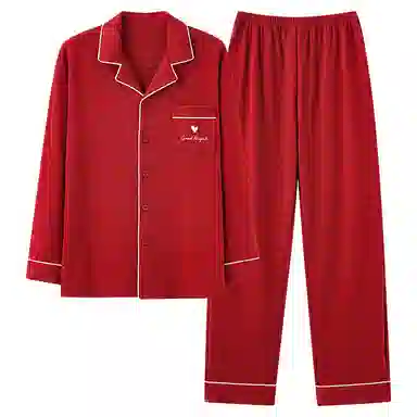 夏芬妍 亲肤舒适爱心贴袋翻领纯棉家居服简约休闲长袖长裤可外穿喜庆本命年睡衣套装 男款 红色