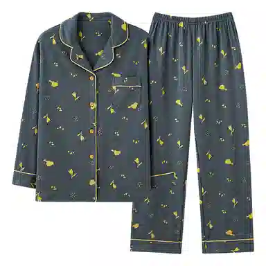 夏芬妍 亲肤舒适郁金香小鸟翻领纯棉家居服简约休闲宽松长袖长裤可外穿睡衣套装 女款 藏青色