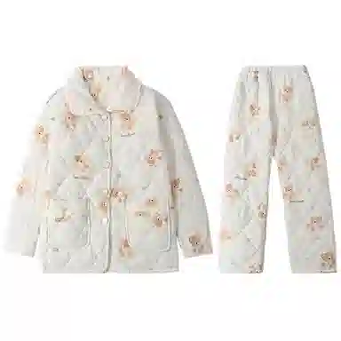 兰缪 三层夹棉加厚休闲舒适可外穿家居服睡衣套装 女款 米白色