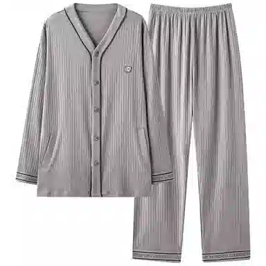 夏芬妍 简约休闲亲肤舒适坑条纹纯棉开衫家居服长袖长裤宽松可外穿睡衣套装 男款 灰色