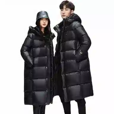 鸭鸭 黑金标色奢金保暖过膝连帽防寒羽绒服 男女同款 黑色