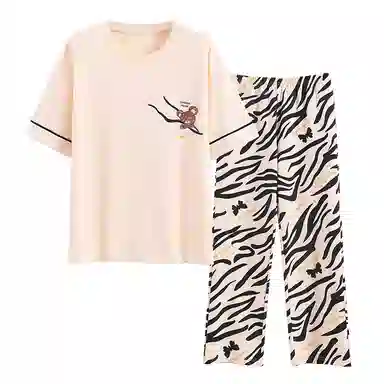 莫代尔 气质百搭舒适圆领套头轻盈柔软亲肤透气不闷随性短袖长裤不易起球可外穿睡衣套装 女款 杏色