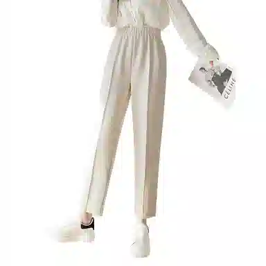 晚白 纯色高腰毛呢直筒休闲裤 女款 杏色