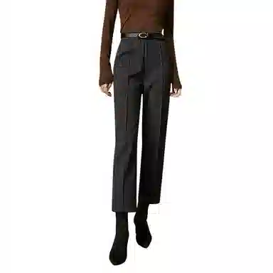 晚白 纯色高腰毛呢直筒休闲裤 女款 杏色