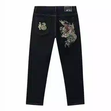 鬼洗 福气莽莽绣花红布边合体直筒牛仔裤 男款 牛仔蓝