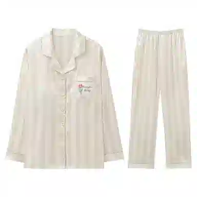 兰缪 花卉口袋带胸垫翻领上衣速干条纹凉感长裤睡衣套装 女款 杏色